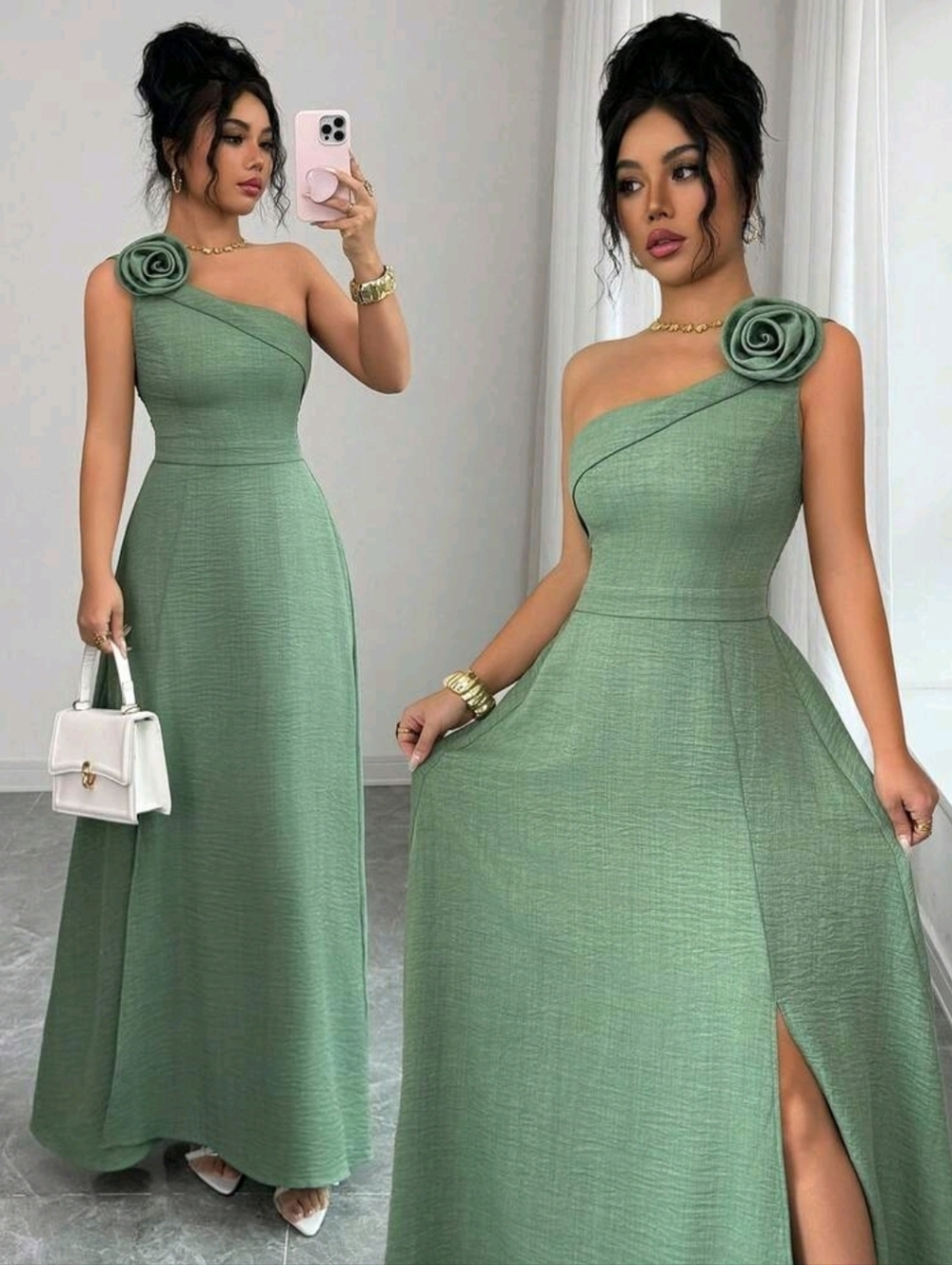 One-Shoulder Sage Green Evening Gown with Rosette Detail